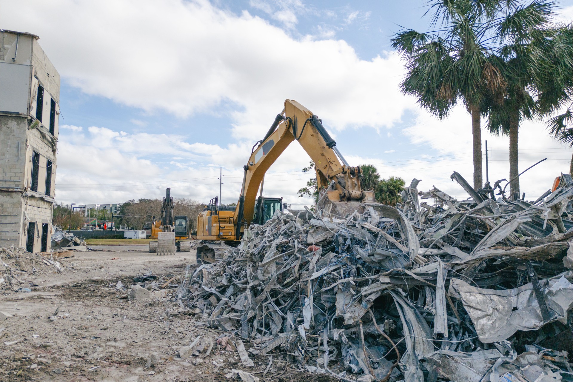 Destroyed Office Building - Demolished - Deconstruction - Excavator